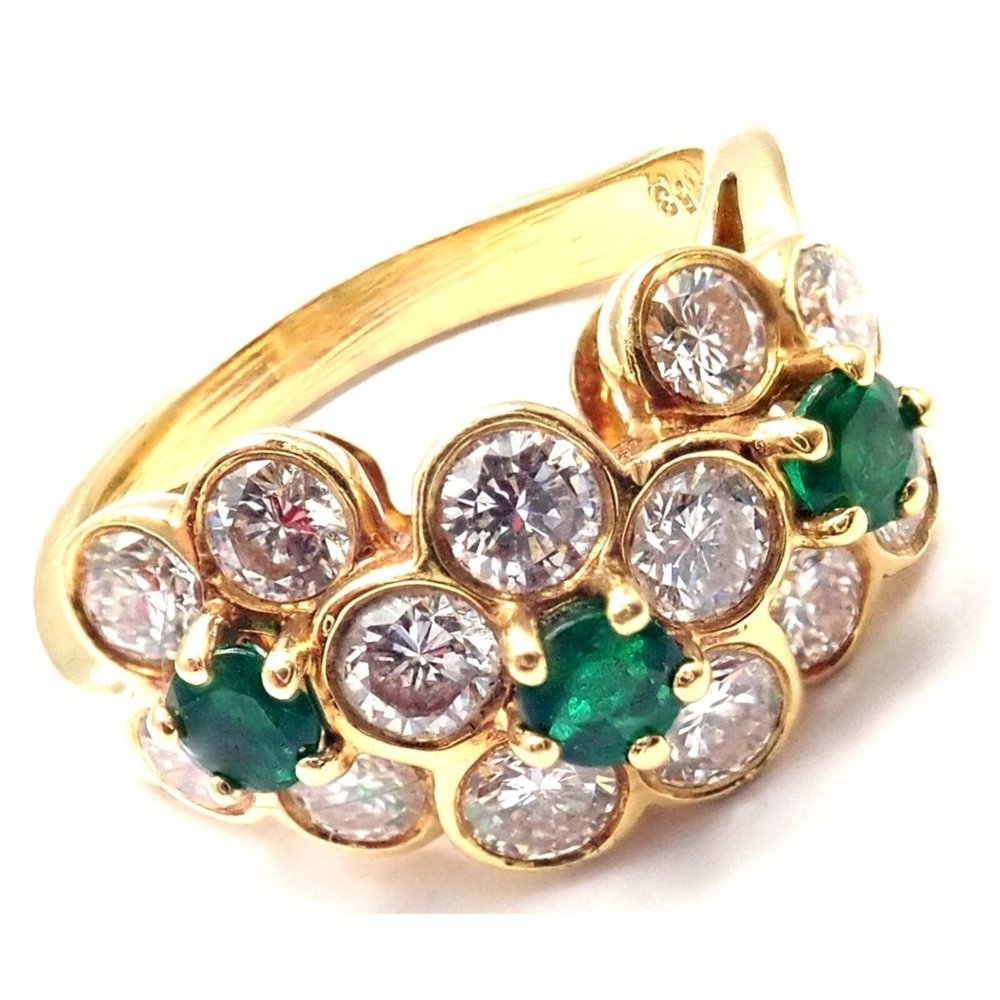 Authentic! Van Cleef & Arpels 18k Yellow Gold Emerald Diamond Fleurette Ring